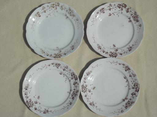 antique Staffordshire china, brown ivy floral transferware plates & bowls