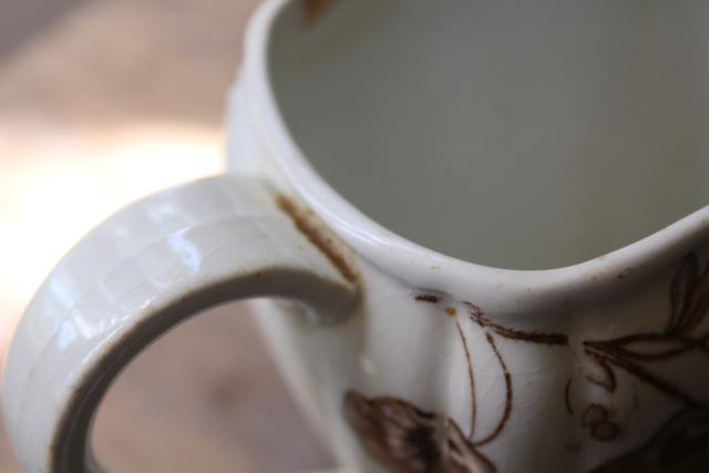 antique Staffordshire china pitcher, brown transferware begonia or geranium leaf