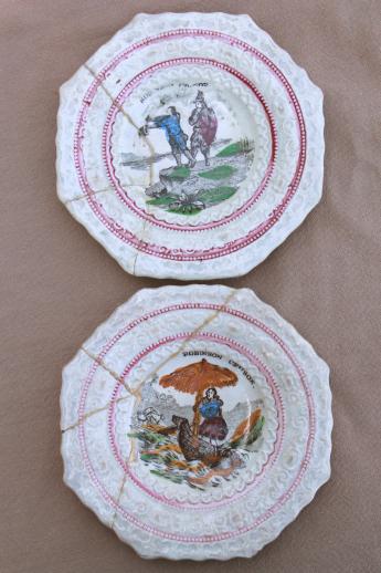 antique Staffordshire china plates, mid 1800s vintage Robinson Crusoe transferware
