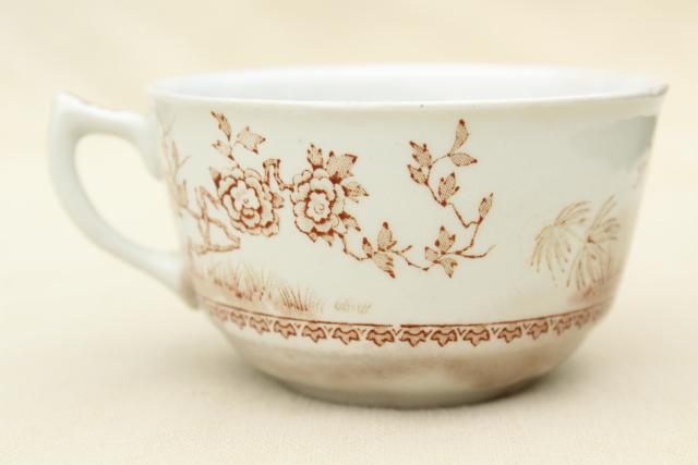 antique Staffordshire china tea cups, Furnivals Quail bird brown transferware