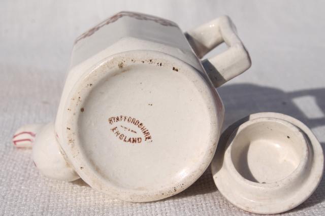 antique Stafforshire china, 1800s vintage English stick spatter teapot & plates