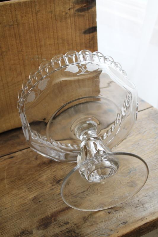 antique US Glass EAPG compote bowl, recessed pillar nail pattern, etched hops leaves