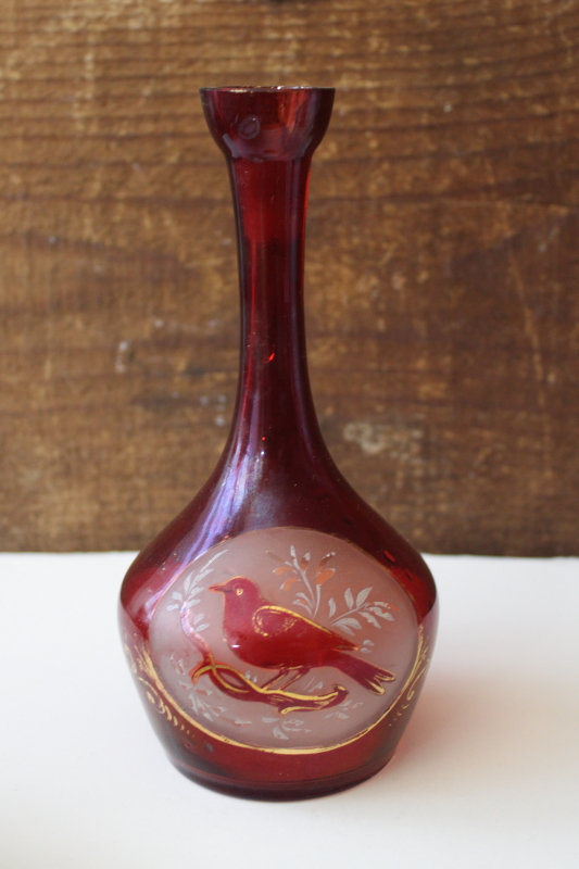 antique Victorian Bohemian glass cut etched bird ruby stain vanity bottle no stopper