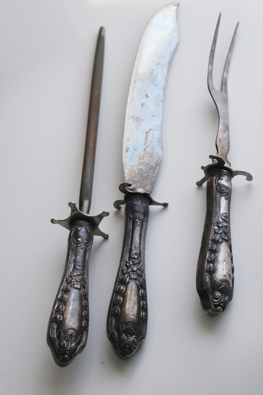 antique Victorian carving set w/ ornate silver handles, meat carving knife fork w/ steel