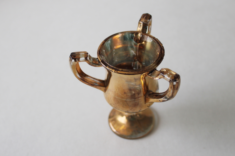antique Victorian gold luster glass Tyg cup, three handled loving cup tiny match vase