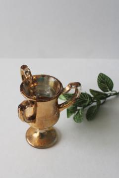 antique Victorian gold luster glass Tyg cup, three handled loving cup tiny match vase