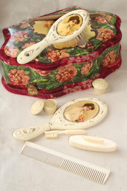 antique Victorian lady french ivory gutta percha dressing table set, brush comb mirror velvet case