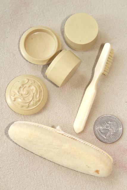 antique Victorian lady french ivory gutta percha dressing table set, brush comb mirror velvet case