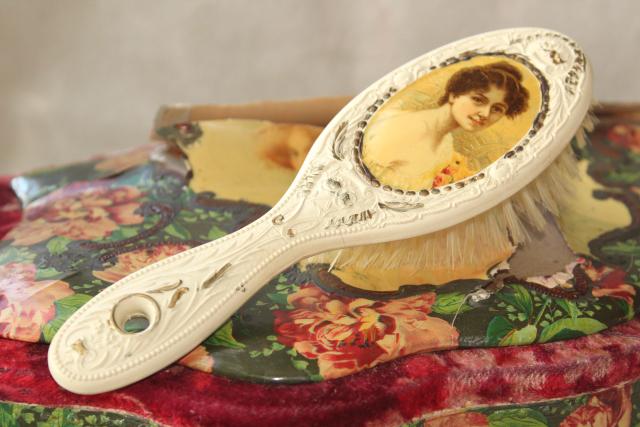 antique Victorian lady french ivory gutta percha dressing table set, brush comb mirror velvet case