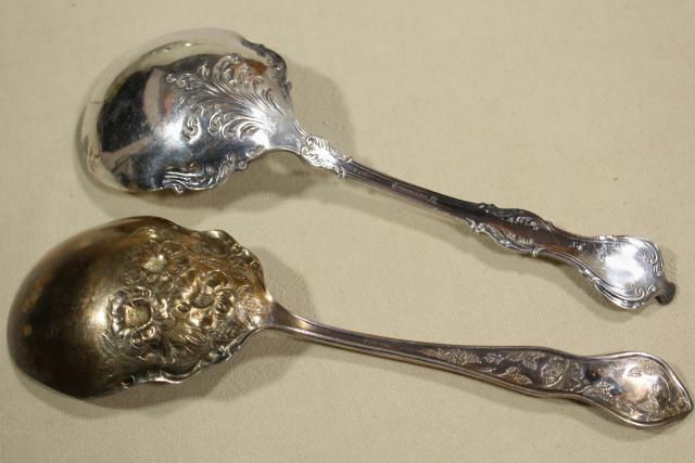 antique Victorian silver, large ornate berry scoop spoons & tomato servers, vintage silverplate