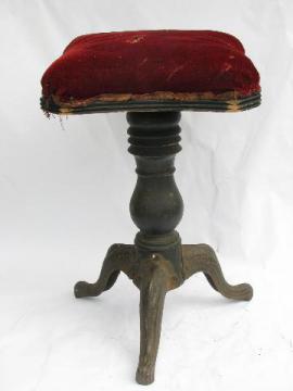 antique Victorian vintage piano stool with plush seat & ornate iron legs