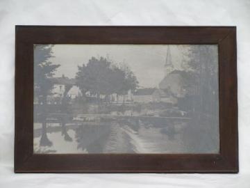 antique WWI vintage photo of American soldiers in French village w/walnut frame