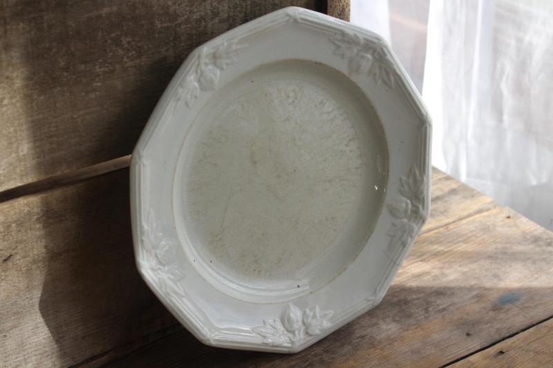 antique Wedgwood china plate, 1800s white ironstone embossed border fig or horse chestnut
