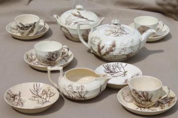 antique Wedgwood seaweed brown transferware china, aesthetic vintage tea set dishes 