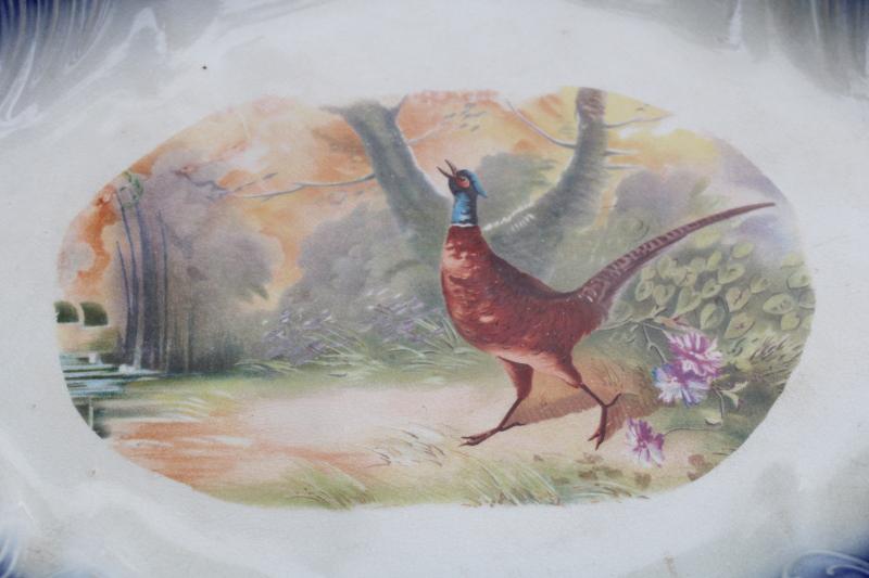 antique Wheeling pottery LaBelle china, huge platter pheasant game bird w/ flow blue