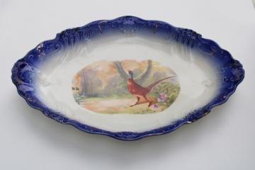 antique Wheeling pottery LaBelle china, huge platter pheasant game bird w/ flow blue