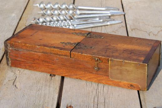 antique Winchester tool box, brass & wood case for auger drill bits, 1898 patent