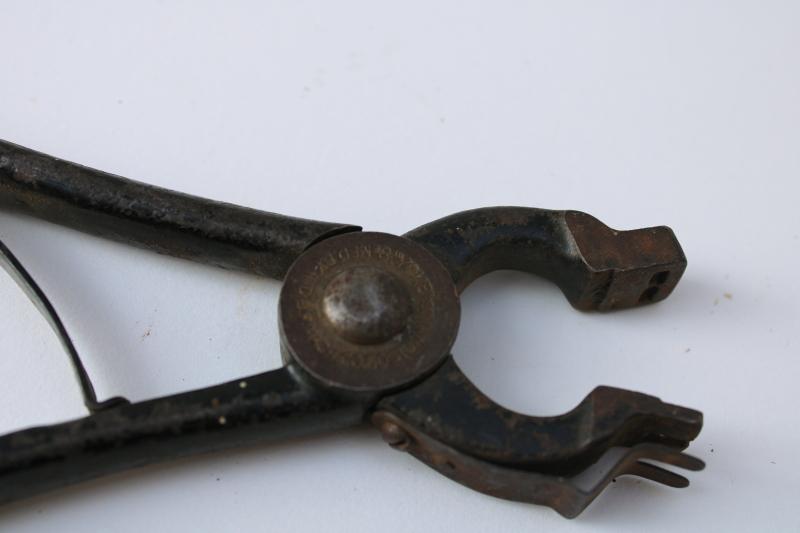 antique Yoke pliers leather belt lacing tool, early tractor driven farm equipment