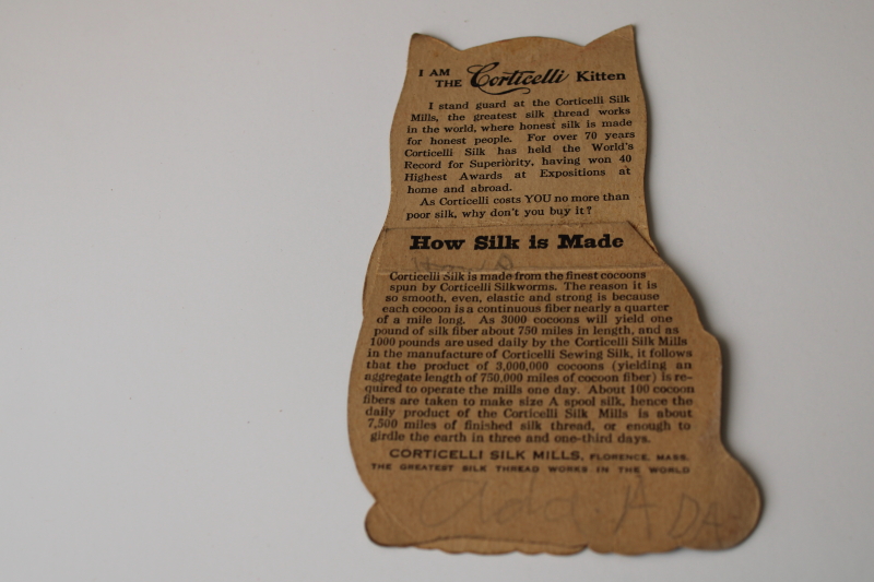 antique advertising trade card, die cut kitten postcard size Corticelli silk thread