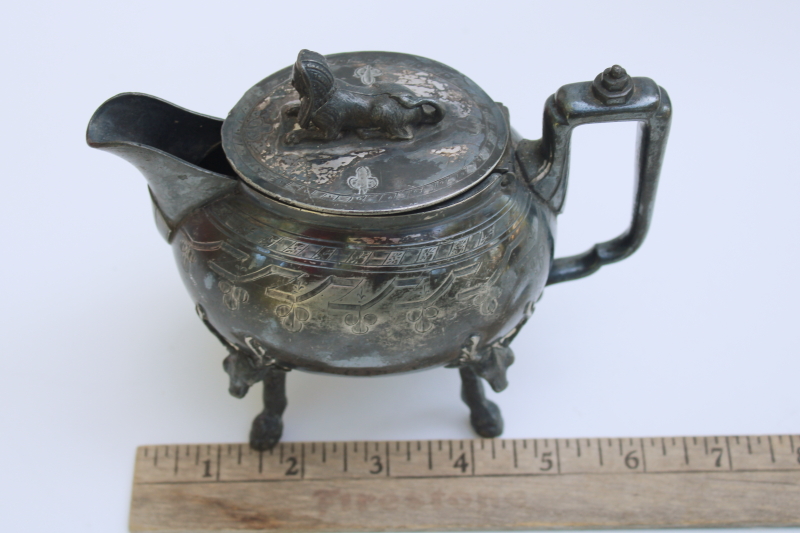 antique aesthetic Egyptian revival vintage Reed & Barton silver plate Sphinx & stags teapot