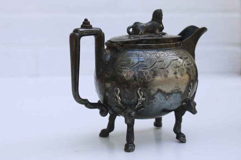 antique aesthetic Egyptian revival vintage Reed & Barton silver plate Sphinx & stags teapot