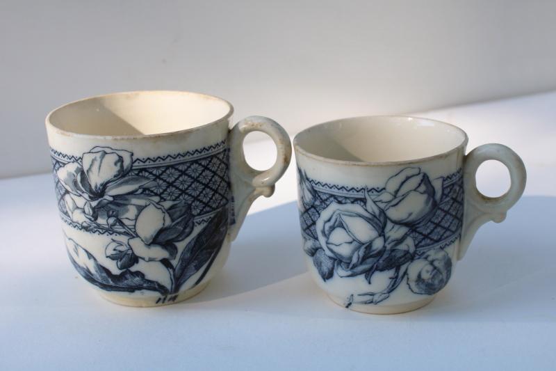 antique aesthetic vintage flow blue transferware china mugs, large & small cups