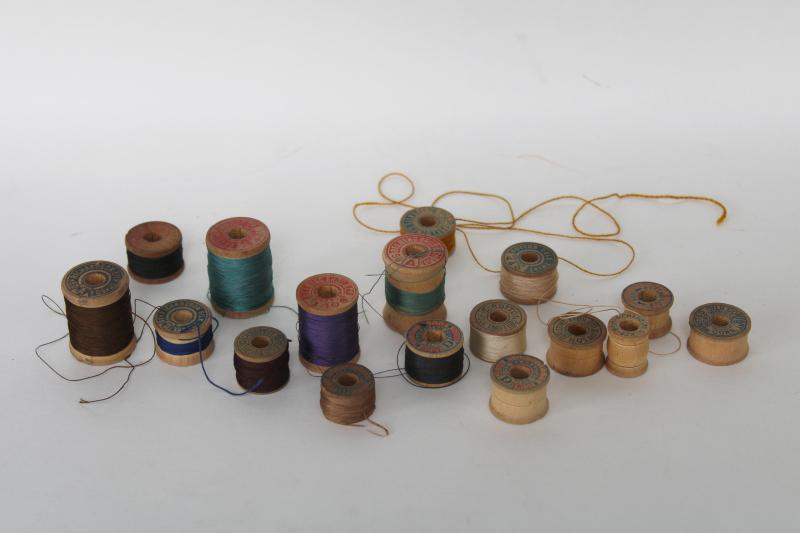 antique and vintage wooden spools sewing or embroidery thread lot, silk buttonhole twist