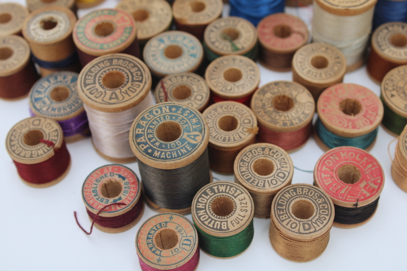 antique and vintage wooden spools silk buttonhole twist, silk embroidery or sewing thread lot