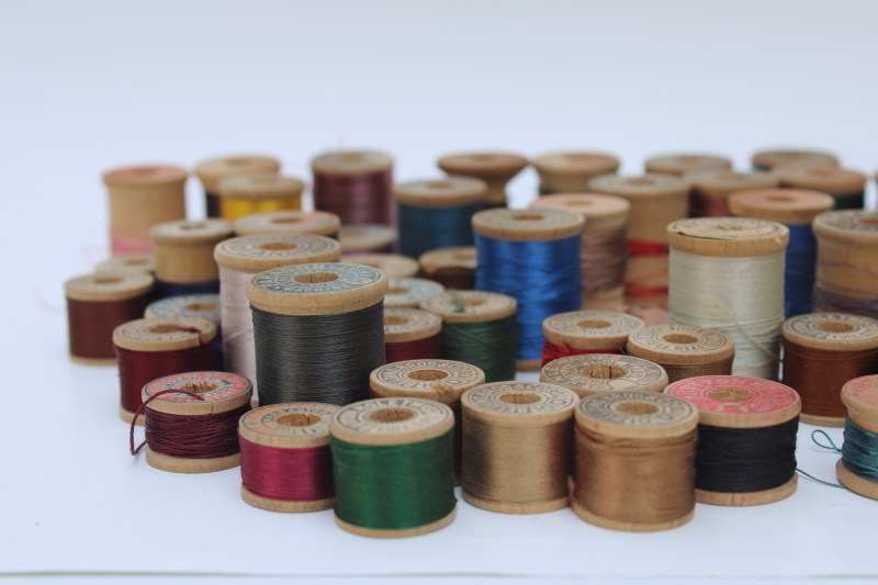 antique and vintage wooden spools silk buttonhole twist, silk embroidery or sewing thread lot