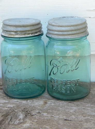 antique aqua blue Ball Perfect Mason 1 pint fruit jars w/lids, lot of 4