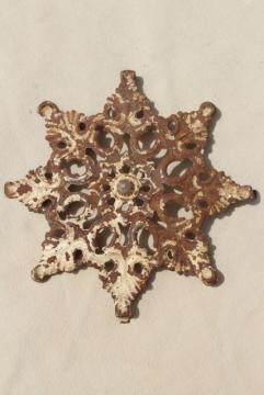 antique architectural ornament, cast iron flower rosette medallion w/ shabby vintage paint