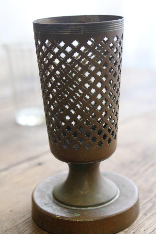 antique art nouveau Pairpoint pierced bronze or copper vase w/ glass insert