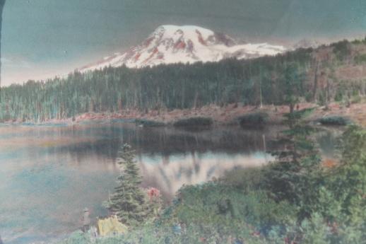 antique art nouveau arts & crafts piecrust wood frame, Reflection Lake color print