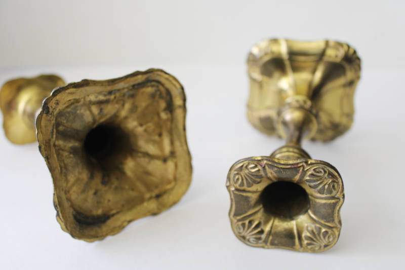 antique art nouveau cast metal candlesticks, Jenning Bros candle holders w/ gilt brass finish