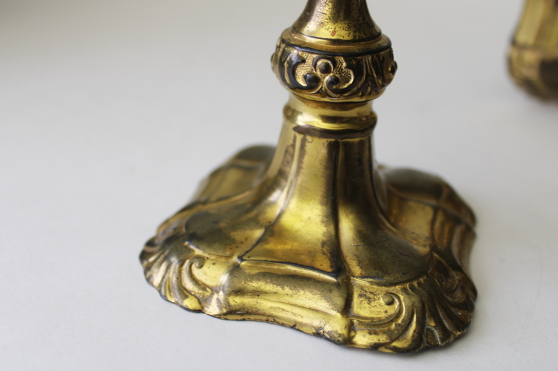 antique art nouveau cast metal candlesticks, Jenning Bros candle holders w/ gilt brass finish