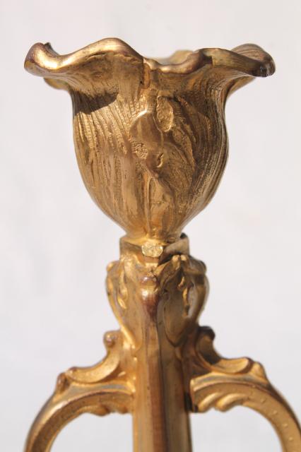 antique art nouveau design cast metal candlestick, brass or spelter w/ old gold paint