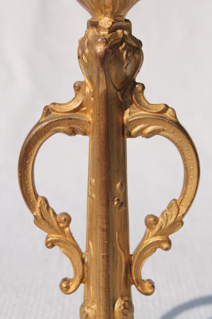 antique art nouveau design cast metal candlestick, brass or spelter w/ old gold paint