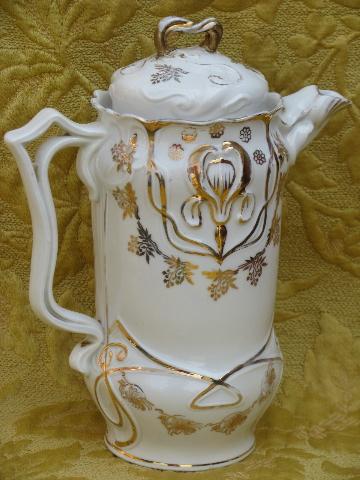 antique art nouveau porcelain coffee/chocolate pot, Limoges iris w/gold