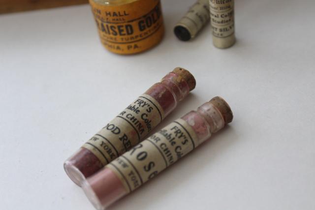 antique artist's paint box, tiny glass vials powdered color pigments for china painting