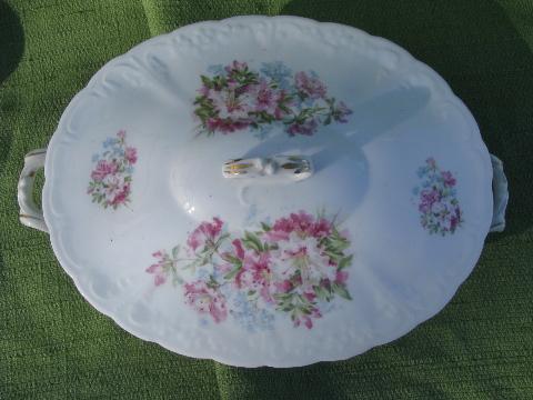 antique azalea lily floral china covered bowl and plate, vintage Germany?
