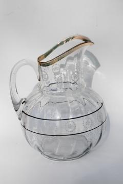antique blown glass water pitcher w/ hand painted enamel, early 1900s vintage