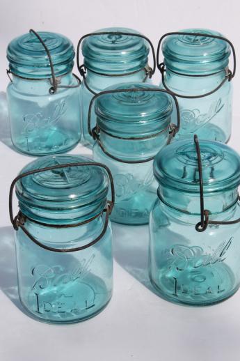 antique  blue Ball mason jar, half dozen vintage  Ball Ideal Mason storage jars