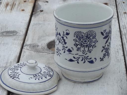 antique blue and white china pantry jar canister for Tapioca, vintage Germany