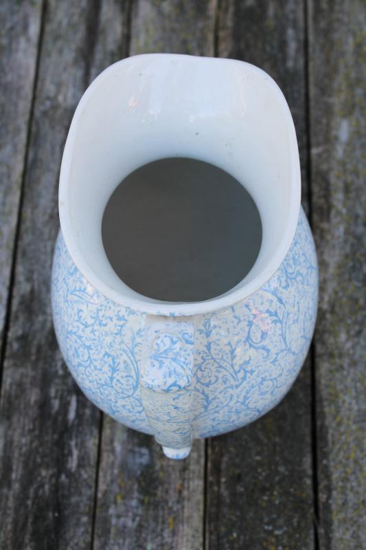 antique blue calico chintz china wash stand pitcher, pale blue & white floral