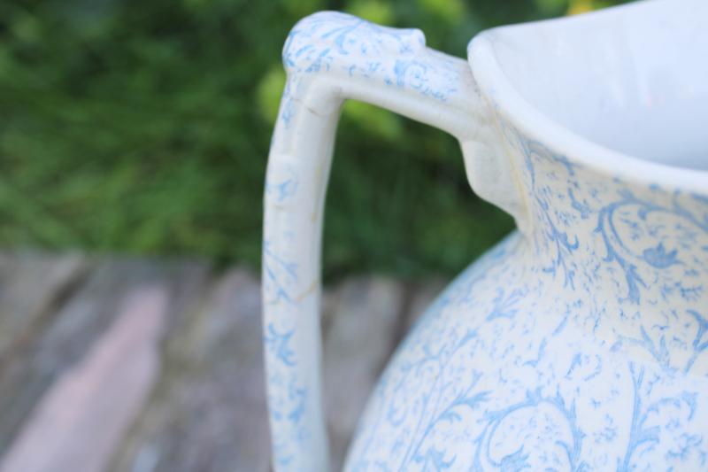antique blue calico chintz china wash stand pitcher, pale blue & white floral
