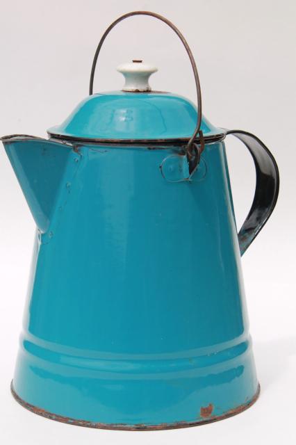 antique blue enamel thresherman's coffeepot, huge old coffee pot from a farm kitchen