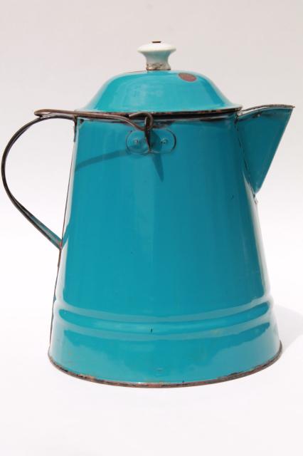 antique blue enamel thresherman's coffeepot, huge old coffee pot from a farm kitchen