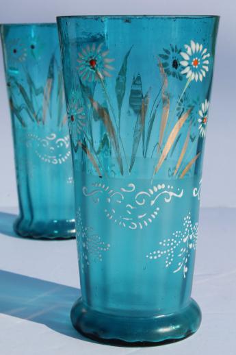 Antique Blue Glass Lemonade Set Tall Pitcher And Tumblers W Hand Painted Enamel Flowers