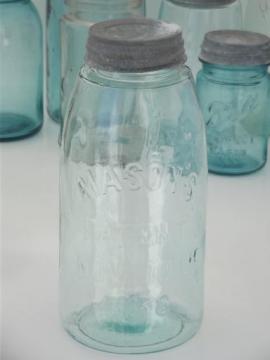 antique blue glass mason jar, old zinc lid 2 qt fruit jar w/ 1858 patent date