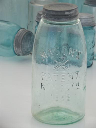 antique blue glass mason jar, old zinc lid 2 qt fruit jar w/ 1858 patent date